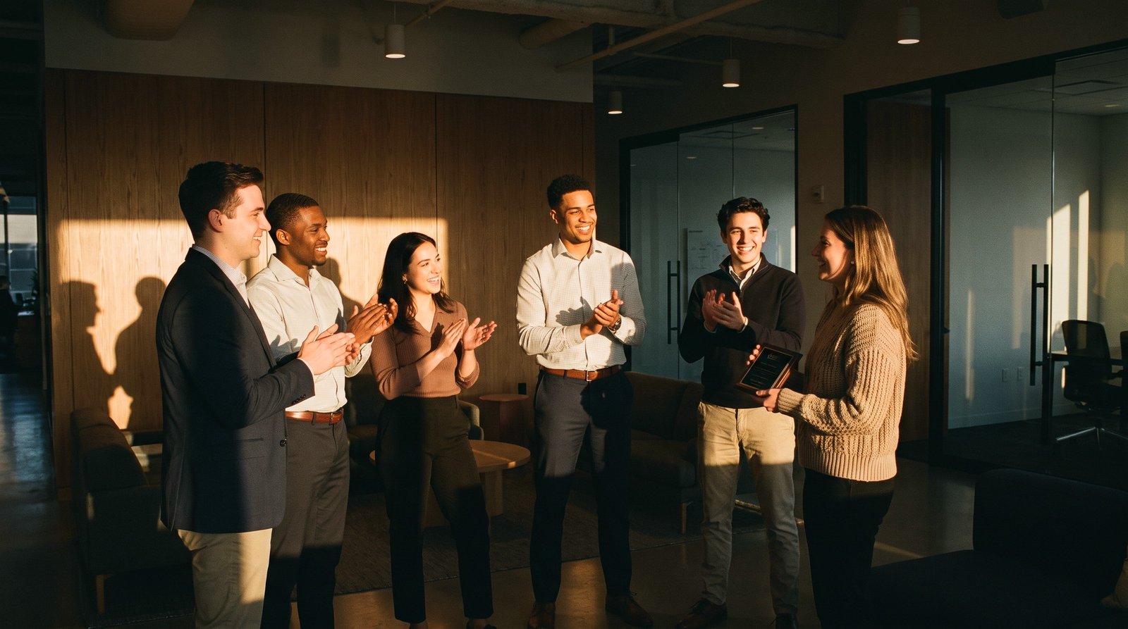 A team applauding a colleague being recognised in the office