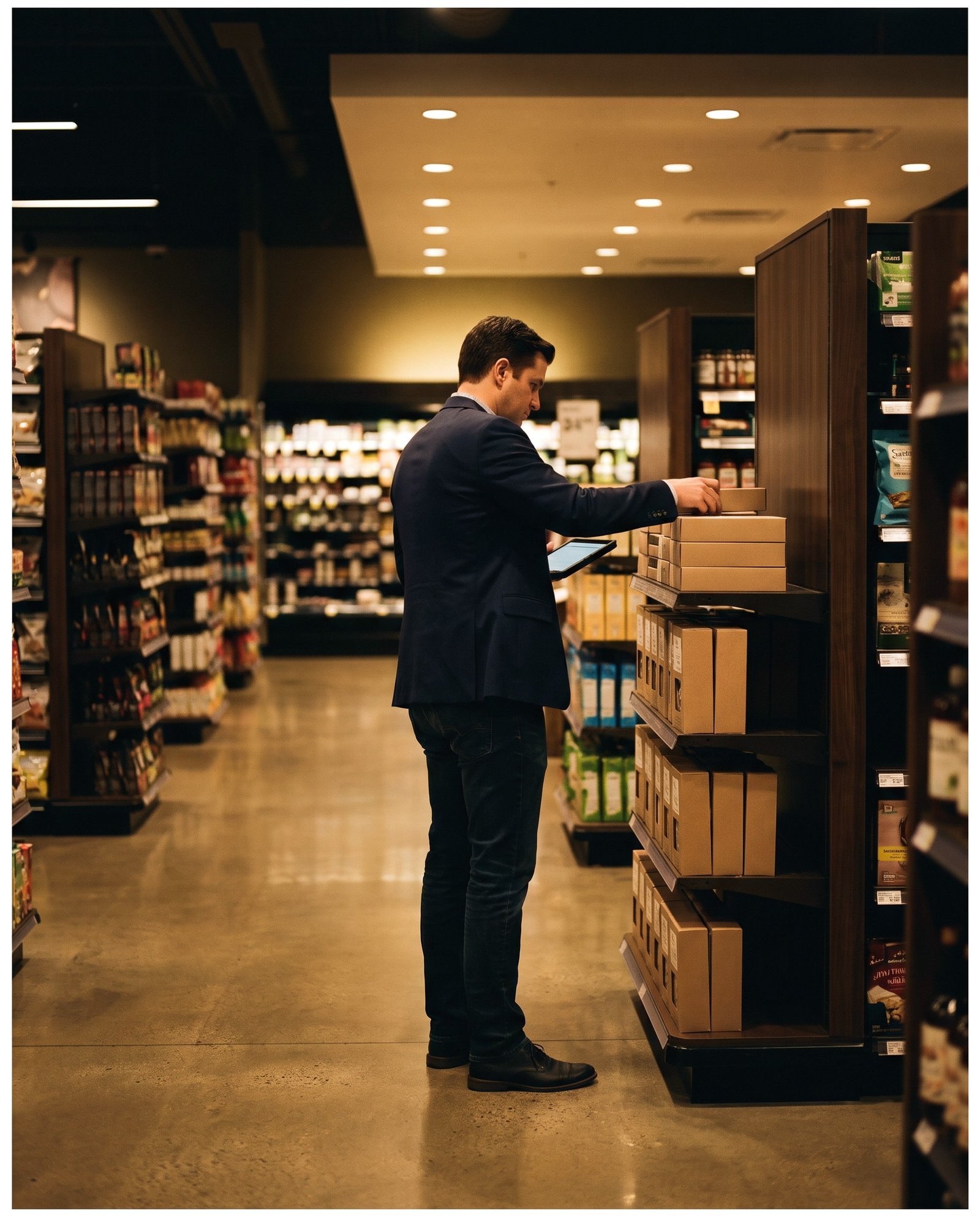 A brand representative checking a placement in a modern retail aisle