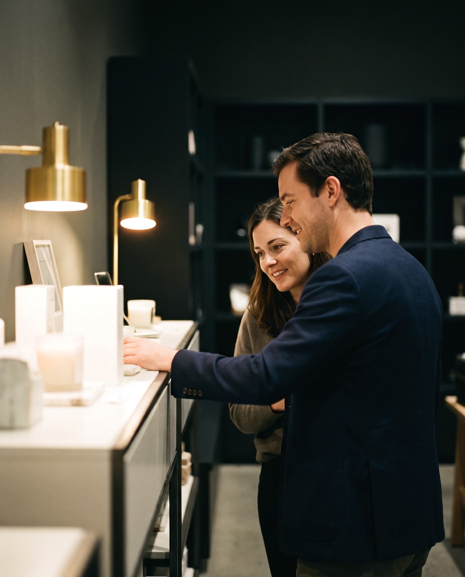 A representative in conversation with a customer beside a retail display