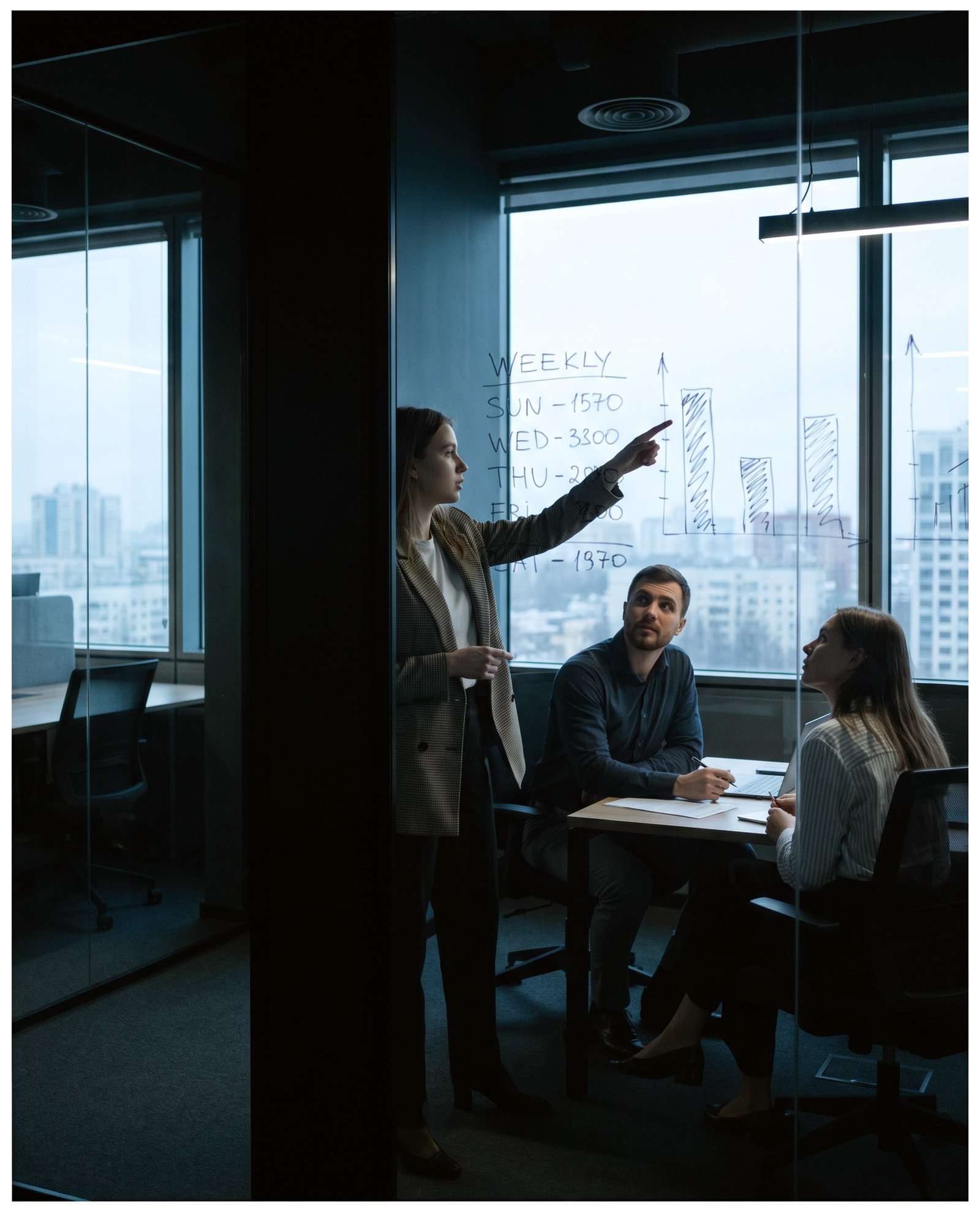 Weekly numbers written up on a glass wall being talked through