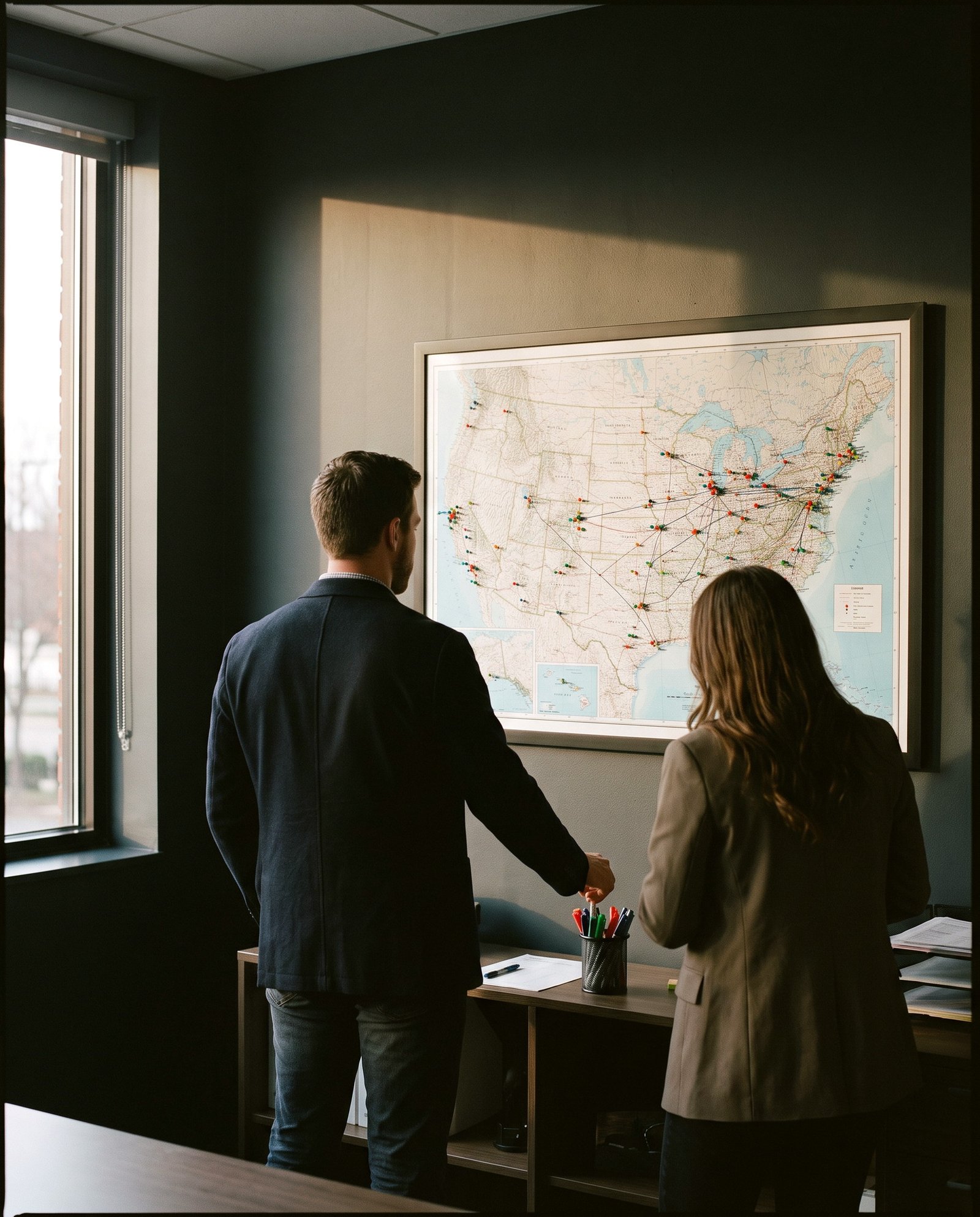 A wall map marked with territories being planned by two people
