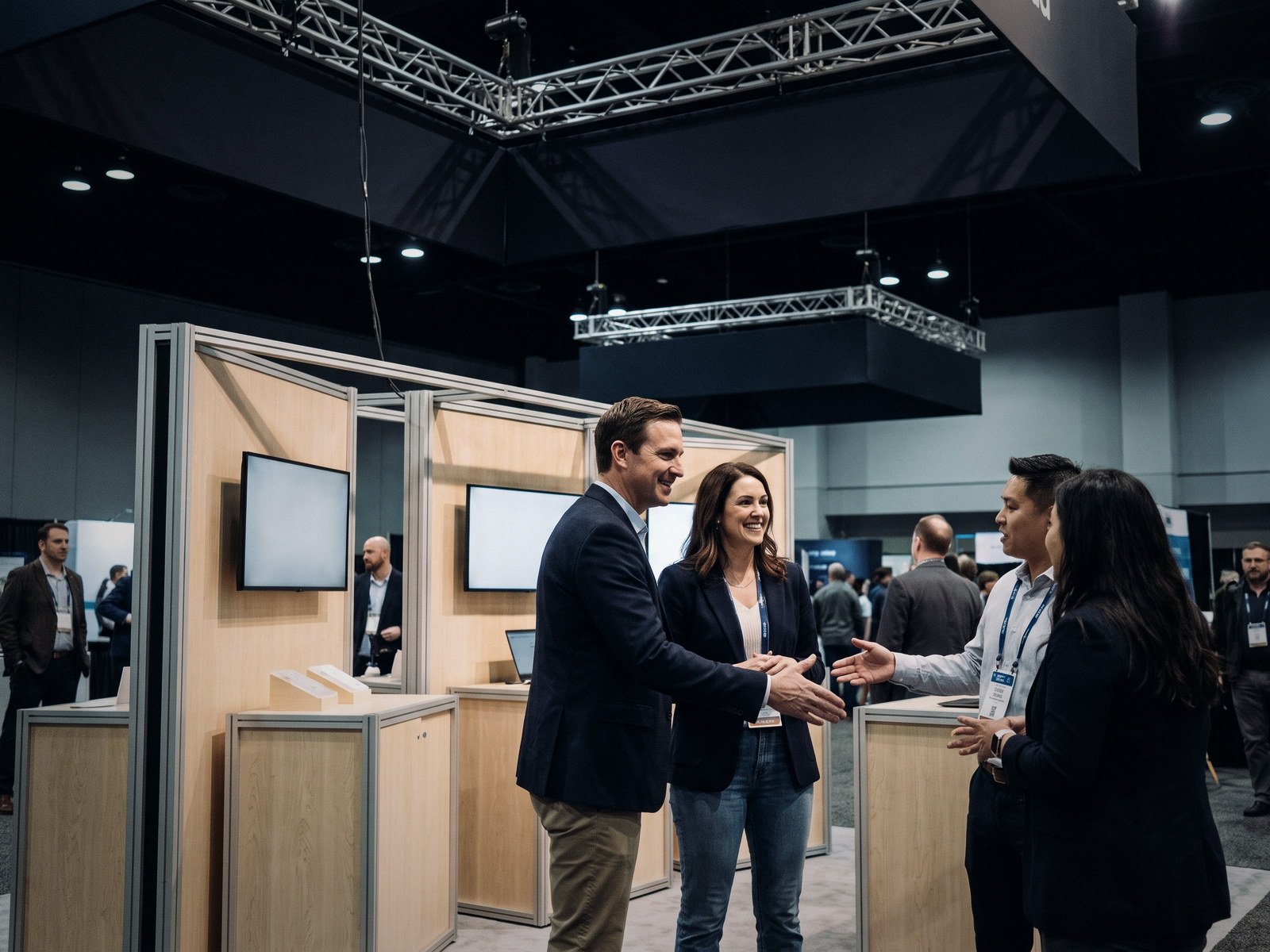 Representatives greeting visitors at a home show booth
