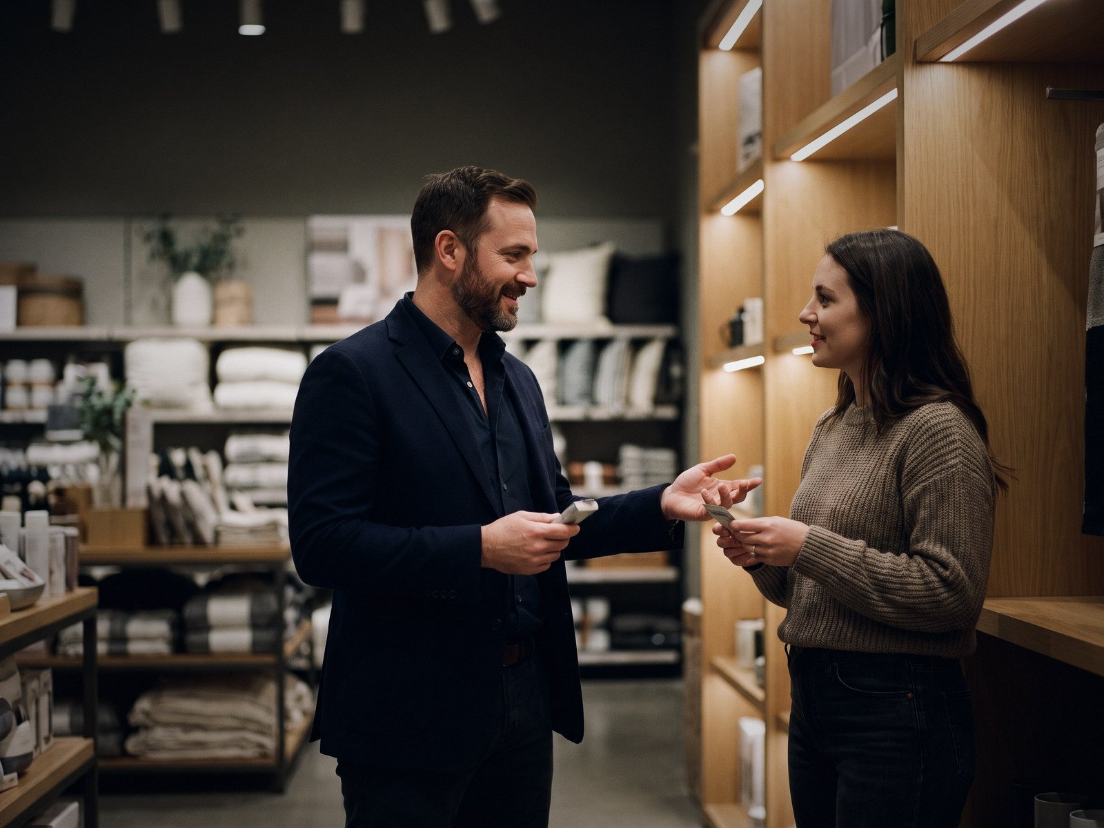A brand representative in conversation with a customer in a retail aisle
