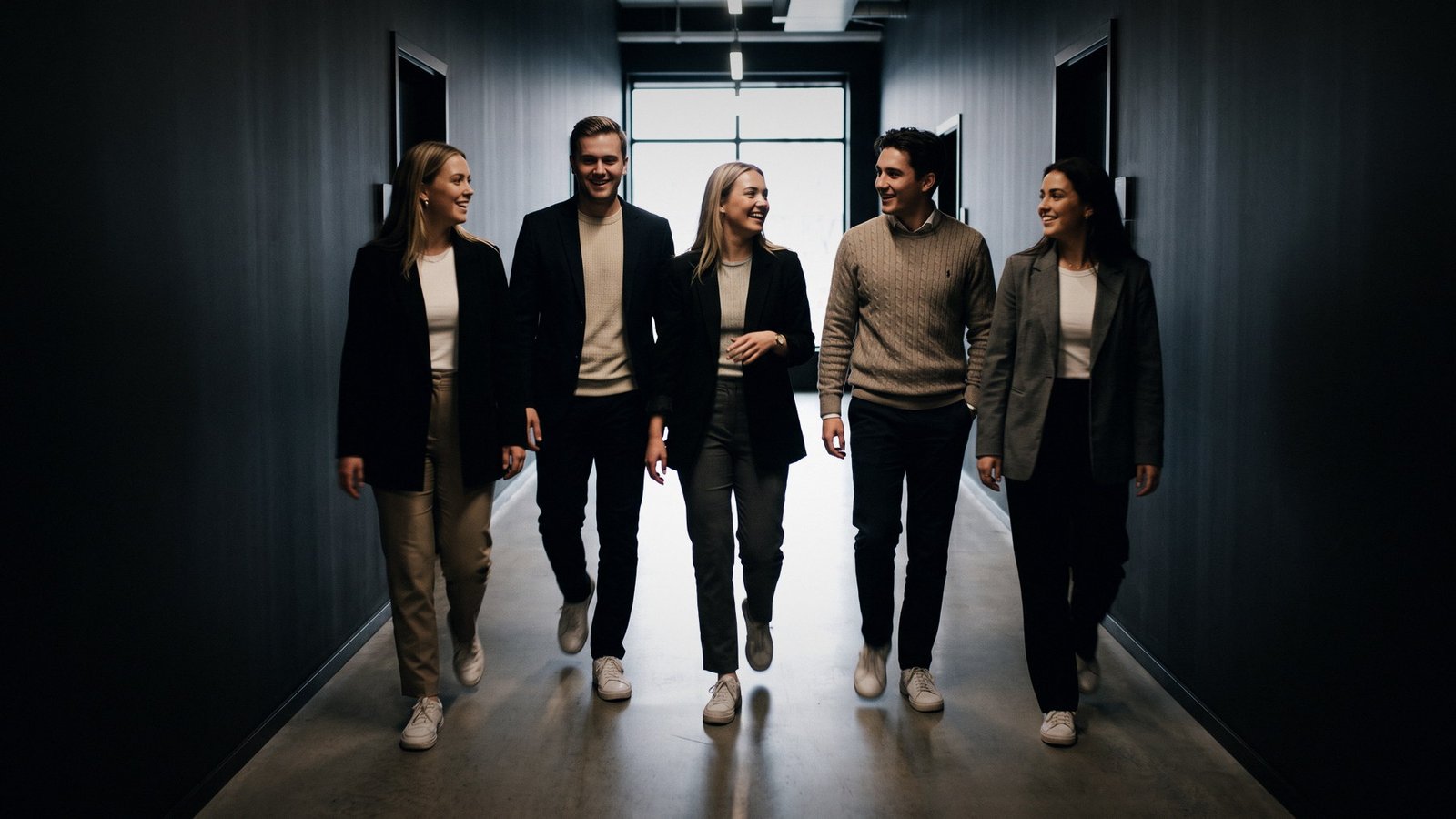 The team walking together through the office